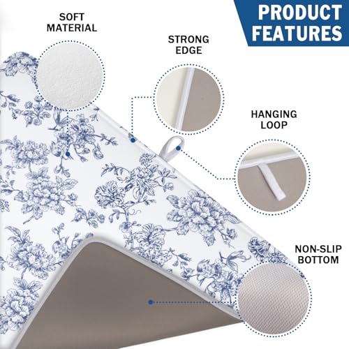 Blue Floral Dish Drying Mat for Kitchen Counter Chinoiserie Flower Microfiber Dish Drainer Mat Vintage Rustic Elegant Absorbent Washable Drying Pad Extra Large 18"x24" (Elegant Blue Flower / 24" x 18")