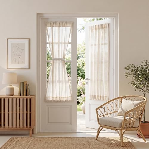 Linen French Door Curtains for Door Window 40 Inch Length 2 Panels Short Semi Sheer Light Filtering Curtain for Glass Small Window Drapes Rod Pocket for Bedroom Bathroom (26"W x 40"L (Pack of 2) / Linen)