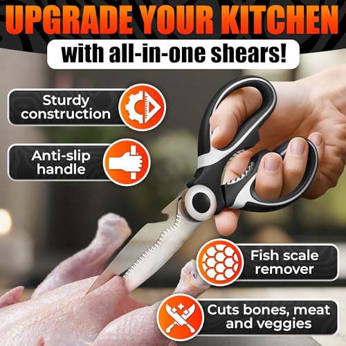 2 Pcs Kitchen Scissors All Purpose Heavy Duty (Black/Red & Black/White)
