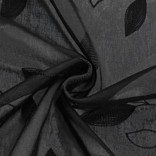 Black Sheer Curtains Leaf Embroidered (52"W x 96"L (Pack of 2) / Black)