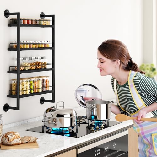 4 Tier Spice Rack Wall Mount for Kitchen (4 Tier / Black)