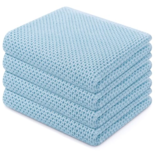 100% Cotton Waffle Weave Kitchen Dish Towels 4 (Sky Blue / 13 X 28 - 4 Pack)
