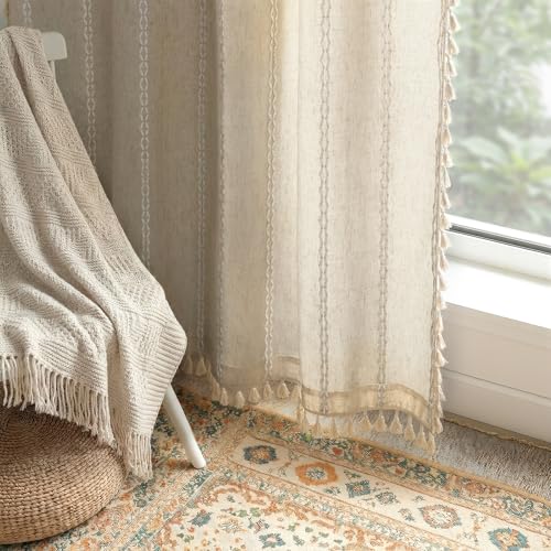 Boho Light Filtering Curtains 84 Inch 2 Panels with Tassels (Light Beige / 52"W x 84"L (Pack of 2))