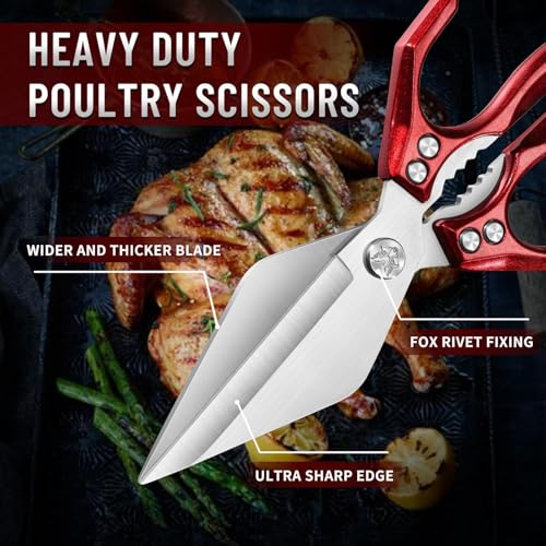 Heavy Duty Poultry Shears for Food with Red Ergonomic Handle (Rad)
