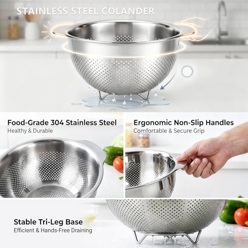 Stainless Steel Colander for Kitchen with Handle for Pasta (3QT)