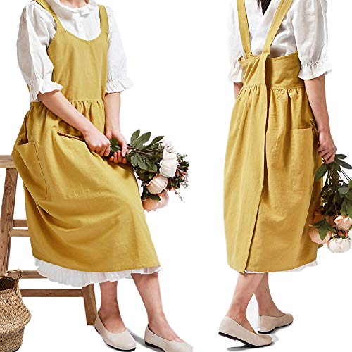 Japanese Cotton Cross Back Pinafore Apron for Women with Pockets Yellow (02 - Bright Yellow Without Waist Ties)