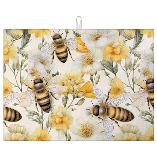 Watercolor Bee Floral Dish Drying Mat for Kitchen Counter Drying Pad Absorbent Reversible Dish Drainer Rack Mats Draining Pad 18"x24"Inch