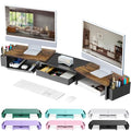 Dual Monitor Stand Riser With Drawer and 2 Pen Holders (Wood)