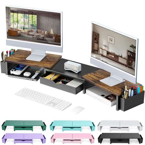 Dual Monitor Stand Riser With Drawer and 2 Pen Holders (Wood)