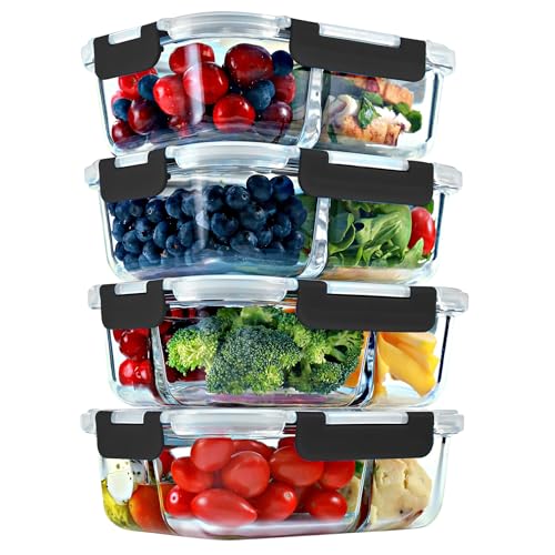 Glass Meal Prep Containers 2 and 3 Compartments (Black (2,3 compartment - 4 pack, 32 oz))