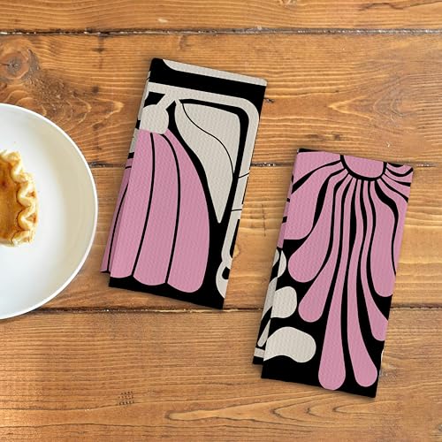 Abstract Boho Pink and Beige Floral Kitchen Towels Set of 2 (Boho Pink and Green / Casual)