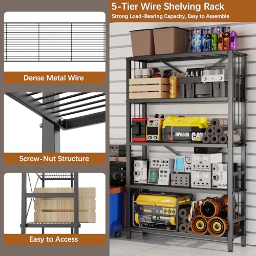 5-Wire Heavy-Duty Shelf, Standing Storage Shelves, Metal Shelving Unit Pantry Rack, 1500LB Load Capacity, for Garage Kitchen Organizer (Black) (Black / 14.2D x 37.8W x 65.8H (5Tier))