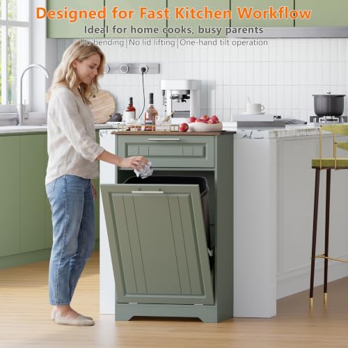 Single 10 Gallon Tilt Out Trash Can Cabinet with Deodorizing Function (Green / 13.11"D x 20.91"W x 35.2"H(Single))