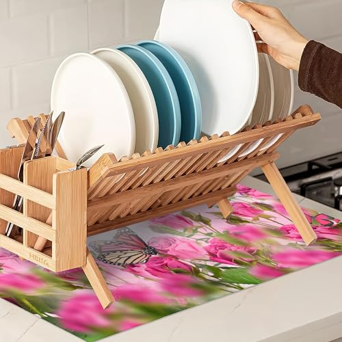 Pink Roses Flowers Dish Drying Mat for Kitchen Counter Decor (Pink Roses Flowers Butterflies)