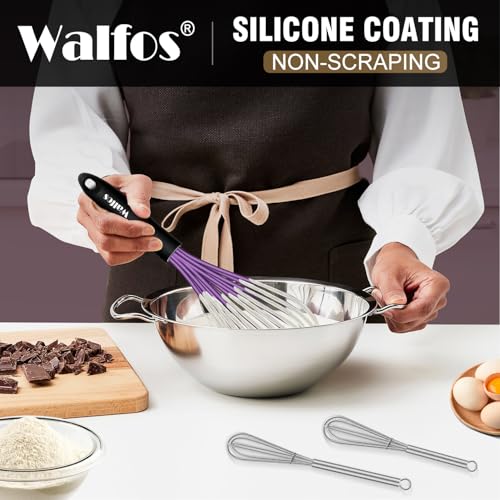 Whisk Silicone Whisks Set of 5 (5pcs Purple + Stainless Steel;7+9+11in & 5+7in)