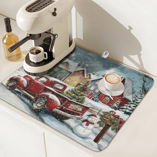 Christmas Dish Drying Mat for Kitchen Counter 18x16 Inch Xmas Red Truck Drying Mat with Absorbent Reversible Microfiber House Snowman Winter Dish Drainer Mats Rack Pad for Coffee Countertop Protector (Red Truck / 18" x 16")