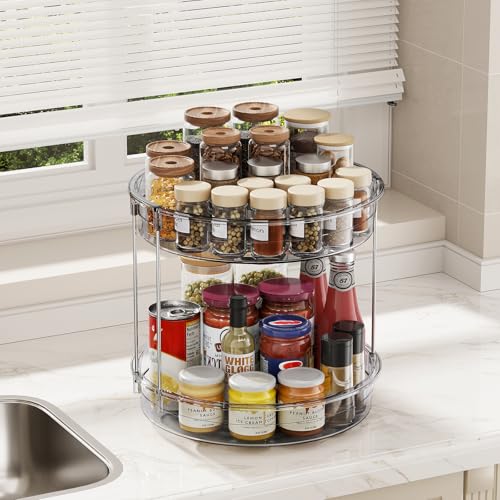 12 inch 2 Tier Lazy Susan Turntable Organizer Rotating Spice Rack Organization for Cabinet (Gray / 12in 1Pack High Edge)