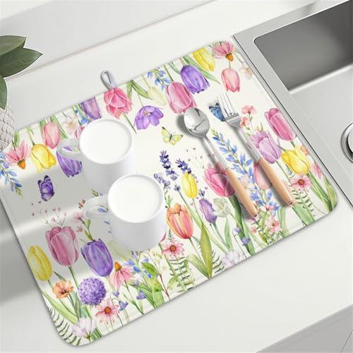 Spring Floral Dish Drying Mat for Kitchen Counter Easter Tulip Lavender Flower Microfiber Dish Drainer Mat Rustic Farmhouse Absorbent Washable Drying Pad Extra Large 18"x24" (Spring Summer Tulip / 24" x 18")