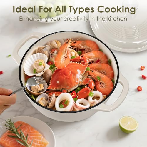Enameled Cast Iron Dutch Oven Pot With Lid (Cream White)