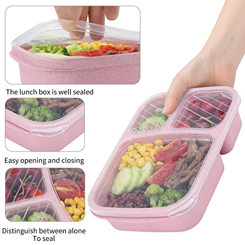 4 Pack Bento Lunch Box Set 3 Compartment Food Storage Containers Wheat Straw Meal Prep Lunch Box Plastic Food Storage Containers (4 Pack (light colour))