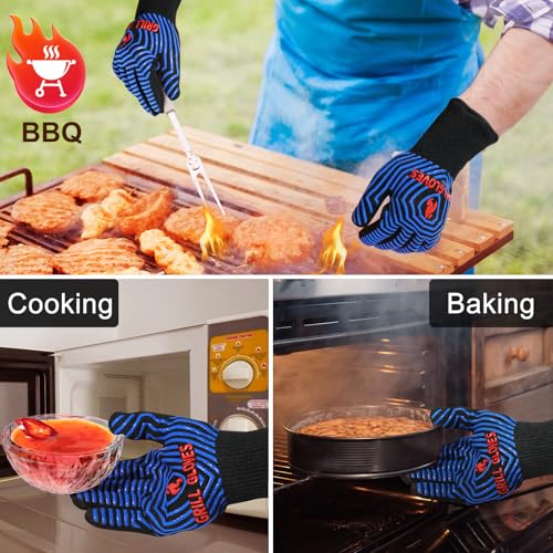BBQ Gloves Oven Gloves 1472℉ Extreme Heat Resistant (Black Blue / One Size Fits Most(Long Cuff))