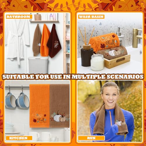 3 Pcs Fall Hand Towels for Bathroom 13.8 x 29.5 Inch Autumn Decorative Bath Towels Sets 100% Cotton Embroidered Pumpkin Maple Thanksgiving Bathroom Decor (Orange and Brown / Pumpkin)