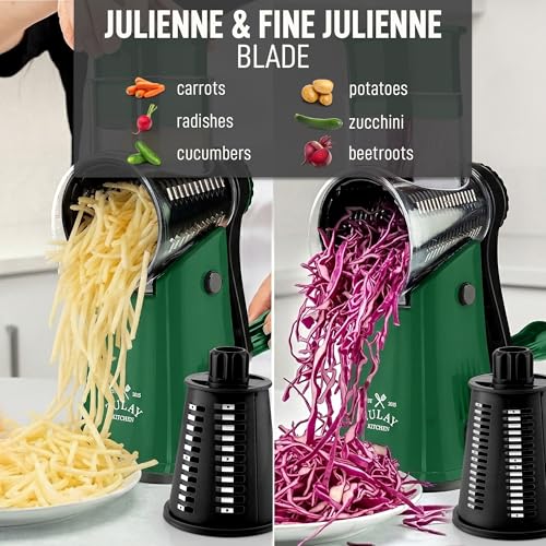 Rotary Cheese Grater Manual Hand Crank 5 Blade Shredder (5 Blades / Green & Black)