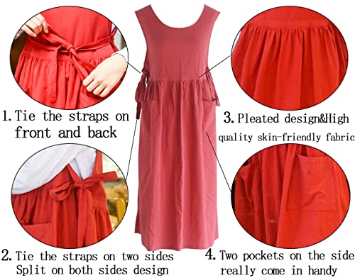 Women Plus Size Cotton Linen Vintage Pleated Split Apron Pinafore Dress with Two Pockets (Red / 43.4"L)