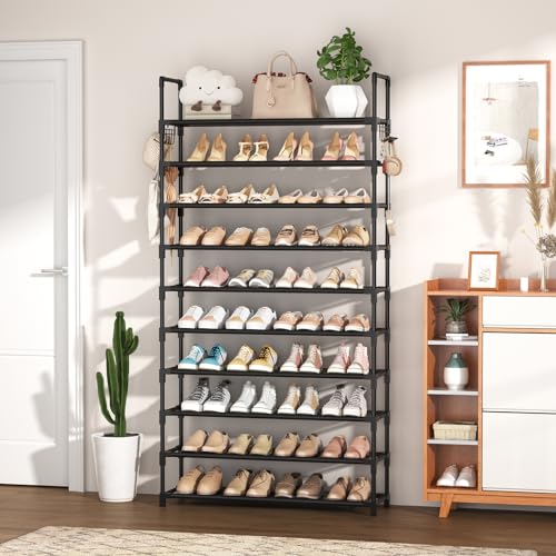10 Tier Shoe Rack Tall Large Capacity Wide Shoe Organizer with Two Hooks Sturdy Metal Shoe Shelf for Entryway (Black / 32.3" Wide - 10 Tier)