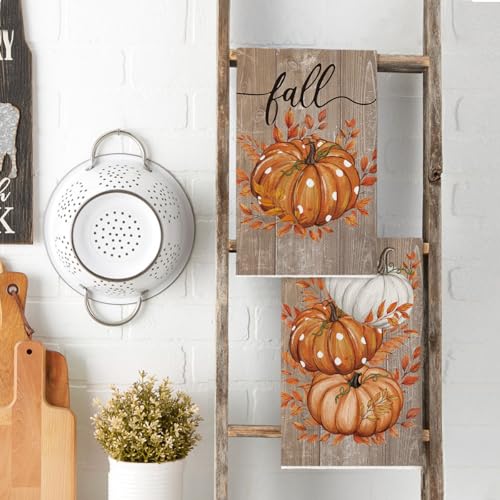 Wood Pumpkin Leaves Fall Kitchen Towels Set of 2 18x26 Inch (Wood/Orange)