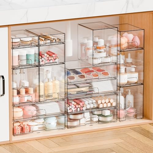 2 Pack Clear Stackable Storage Drawers (2 PCS / Clear-4.4 In Tall)