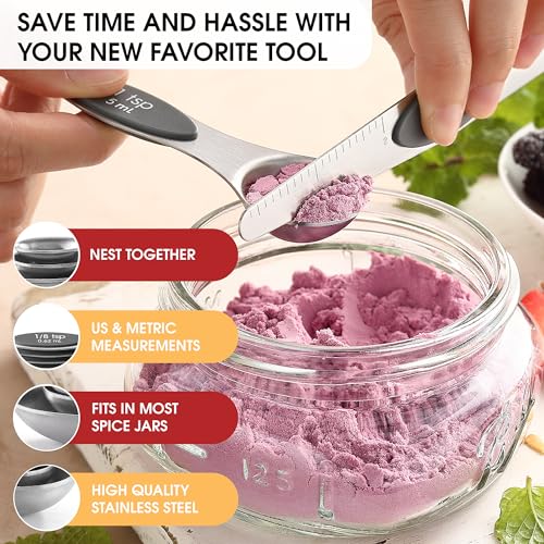 Stainless Steel Magnetic Measuring Spoons Set of 8 (Gray / 1-Pack)