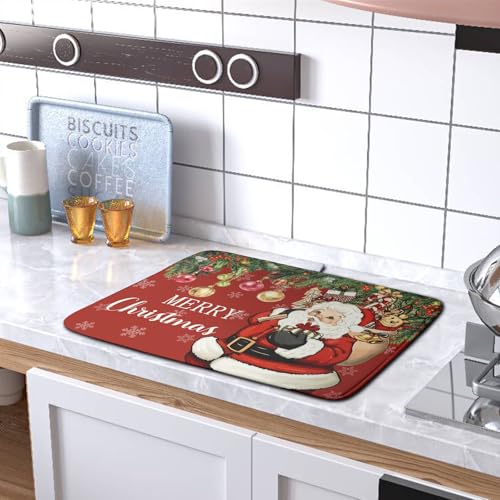 Merry Christmas Dish Drying Mat Santa Claus Kitchen Drainer Mats Microfiber Absorbent Winter Xmas Holiday Dishes Pad Reusable Dish Rack Mat for Countertop Tableware Decor 18x24 Inch (Christmas Santa Claus Red / 18" x 24")