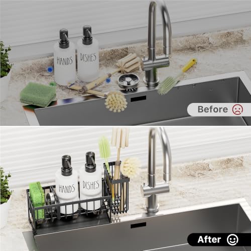 Kitchen Dish Soap Dispenser Set with Sponge Holder (Black+white)