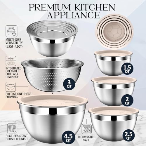 Stainles Steel Mixing Bowls with Lids Set (9PCS Beige)