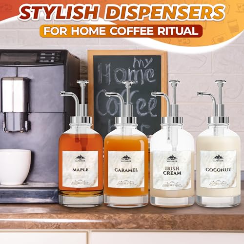 Set of 4 Glass Syrup Bottles with Pump for Coffee Bar (Silver)