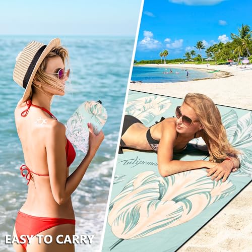 Waterproof Sandproof Beach Blanket Mat for 1 (79" X 83"（1~3 person） / Elegant Plain Green Floral)
