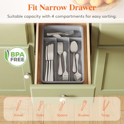 Silverware Drawer Organizer Tray (Gray / 7.8 x 12.4 inch (4 Slots))