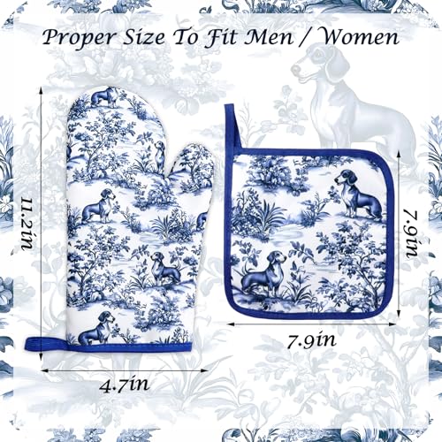 4 Pcs Chinoiserie Dachshund Oven Mitts and Pot Holders Set Heat Resistant Non