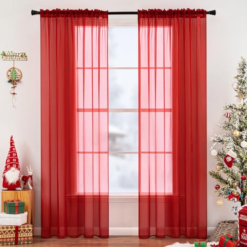 2 Panels Red Sheer Christmas Window Curtains 54 X 72 Inches (Red / 54"W x 72"L (Pack of 2))