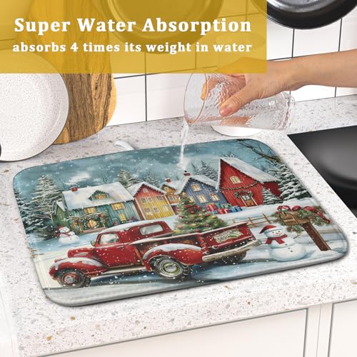 Christmas Dish Drying Mat for Kitchen Counter 18x16 Inch Xmas Red Truck Drying Mat with Absorbent Reversible Microfiber House Snowman Winter Dish Drainer Mats Rack Pad for Coffee Countertop Protector (Red Truck / 18" x 16")