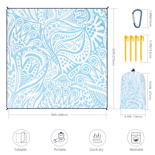 Waterproof Sandproof Beach Blanket Mat for 1 (79" X 83"（1~3 person） / Floral Water Ripple - Light Blue)