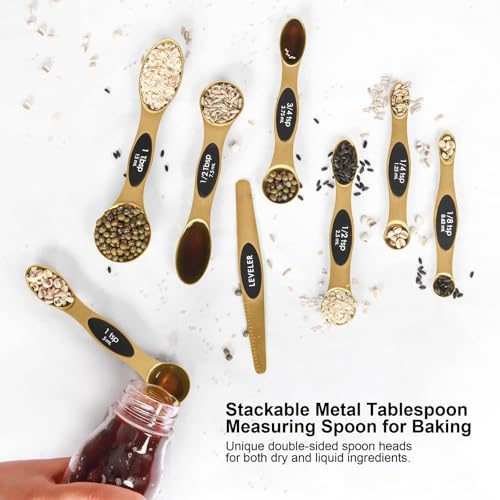 Magnetic Measuring Spoons Set Stainless Steel with Leveler (Gold)