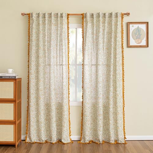 Floral Boho Linen Curtains 84 Inch Long 2 Panels Set with Yellow Tassels Farmhouse Vintage Semi Sheer Bohemian Living Room Bedroom Window Curtains Rustic Country Back Tab (Yellow and Green / 50"W x 84"L (Pack of 2))
