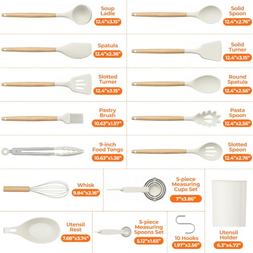 33Pcs Kitchen Utensils Set Silicone Cooking Utensils Set with Wooden Handle (White)