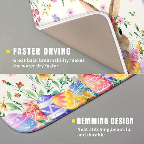 Easter Rabbit Dish Drying Mat Spring Flower Dish Drainer Rack Mats 16x18 inch Absorbent Microfiber Fast Dry Pad Kitchen Counter Accessories (Easter Rabbit Floral / 16" x 18")