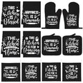 12 Pcs Farmhouse Kitchen Decor and Accessories Sets 4 Black Kitchen Towels 4 Absorbent Dishcloths 2 Pot Holders 2 Oven Mitts Gloves for Home Decorations Mom Gifts (Black / Refined)