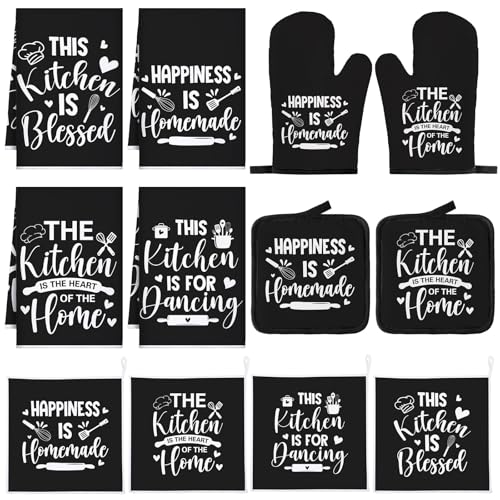 12 Pcs Farmhouse Kitchen Decor and Accessories Sets 4 Black Kitchen Towels 4 Absorbent Dishcloths 2 Pot Holders 2 Oven Mitts Gloves for Home Decorations Mom Gifts (Black / Refined)