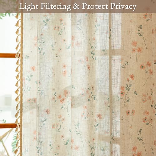 Boho Linen Floral Curtains 63 inch Long for Girls Bedroom Vintage Farmhouse Pink Printed Semi Sheer Light Filtering Back Tab Rod Pocket Drapes with Tassels (Pink / 50"W x 63"L (Pack of 2))