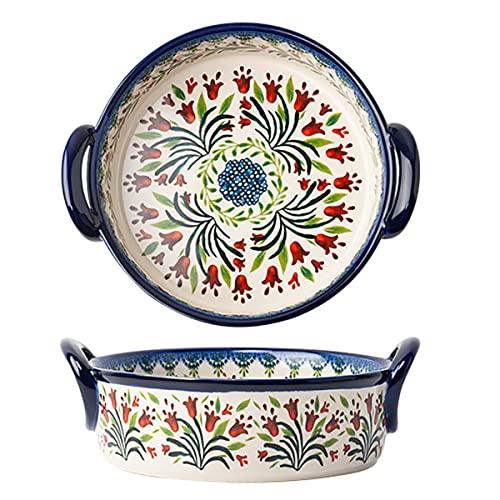 Vintage Style Tulip Flower Pattern Ceramic Bakeware Casserole Dish Baking Pan Lasagna Pans Baking Dish with Handles for Oven (Tulip / 32 OZ)